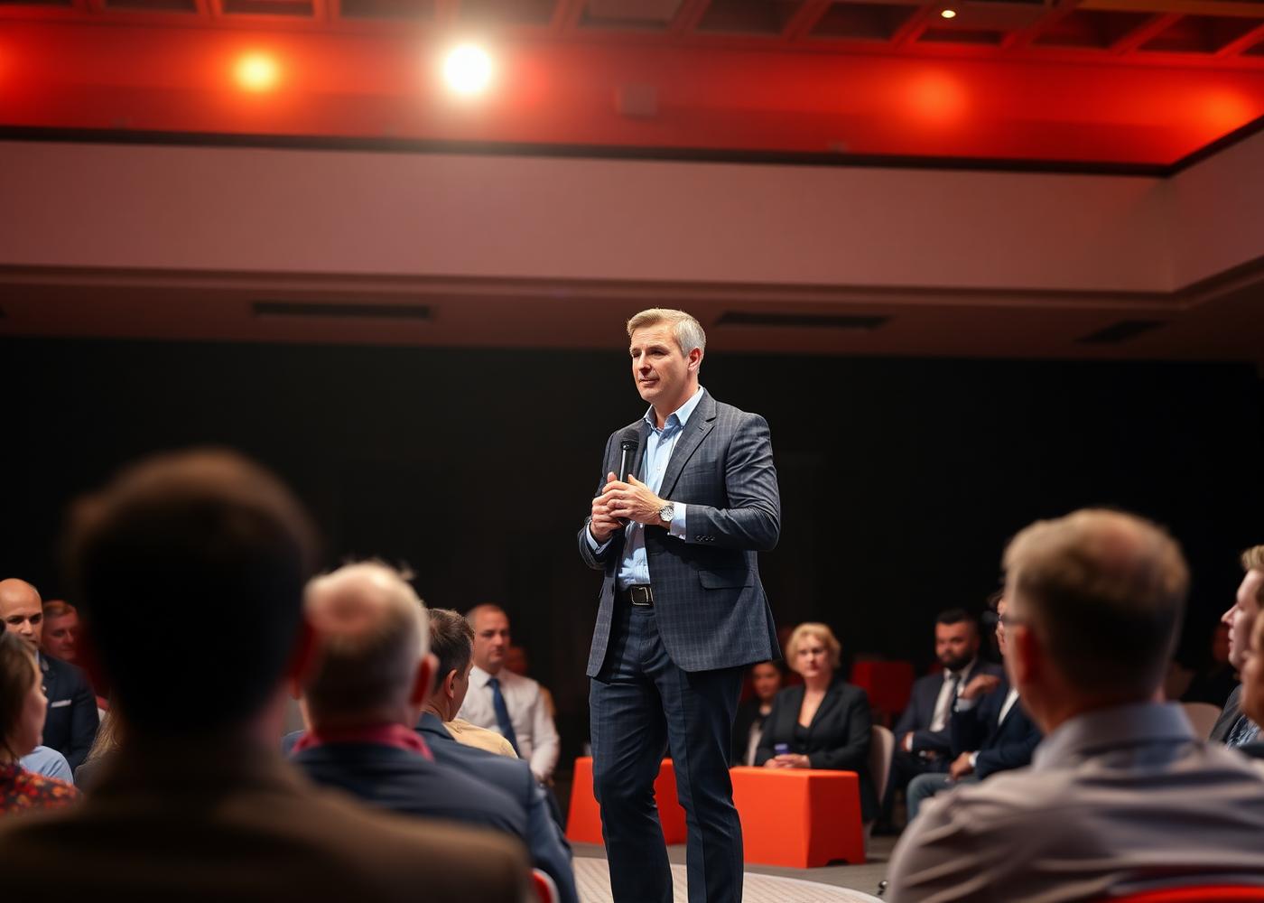 Keynote speaker addressing engaged corporate audience